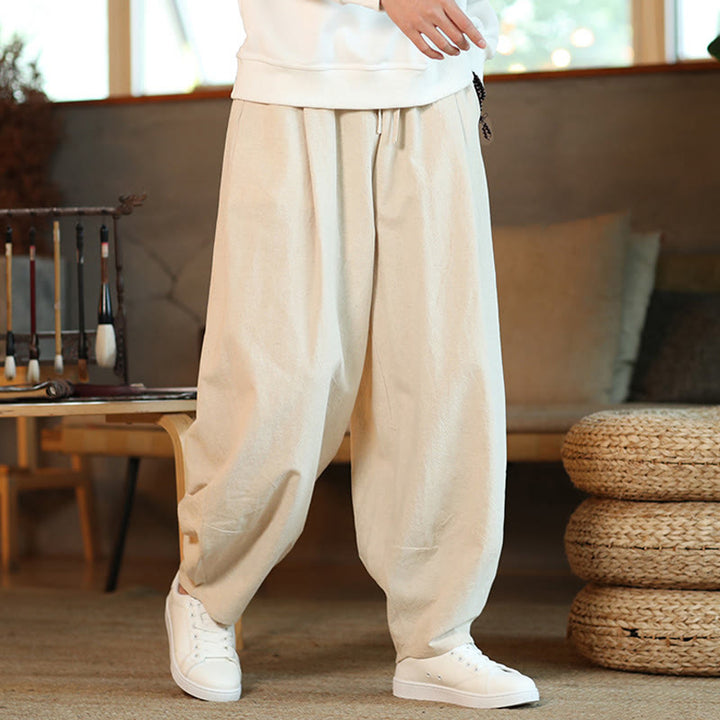 Pantaloni harem da uomo in cotone e lino tinta unita con coulisse e tasche, motivo Buddha Stones