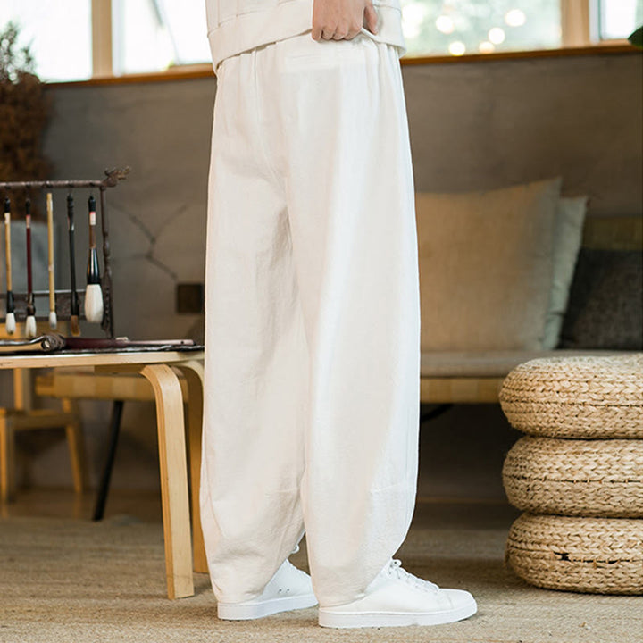 Pantaloni harem da uomo in cotone e lino tinta unita con coulisse e tasche, motivo Buddha Stones