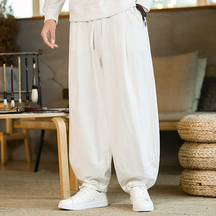 Pantaloni harem da uomo in cotone e lino tinta unita con coulisse e tasche, motivo Buddha Stones