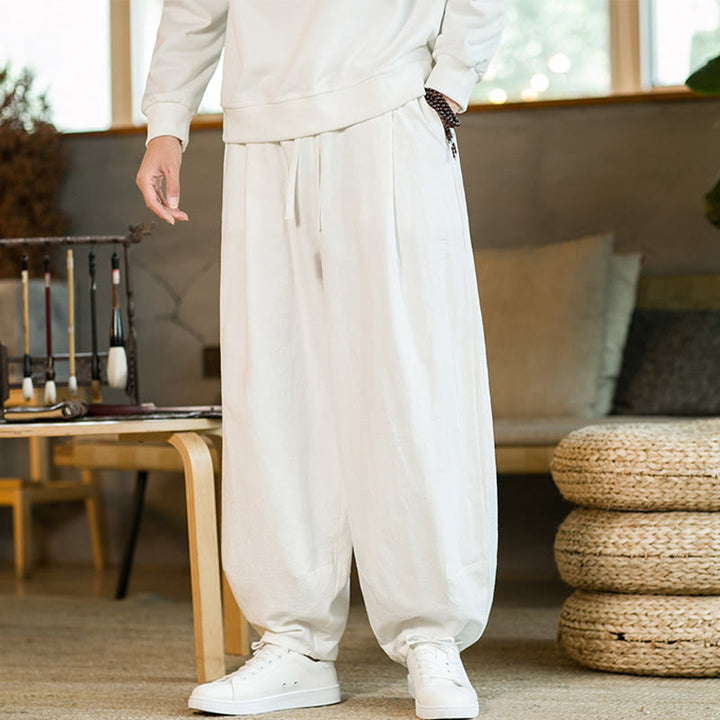 Pantaloni harem da uomo in cotone e lino tinta unita con coulisse e tasche, motivo Buddha Stones