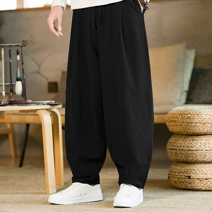 Pantaloni harem da uomo in cotone e lino tinta unita con coulisse e tasche, motivo Buddha Stones