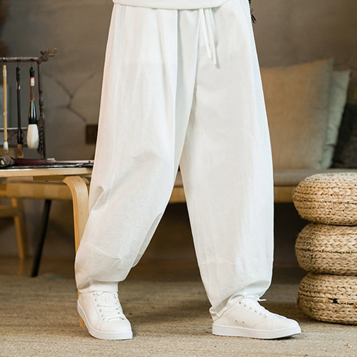Pantaloni harem da uomo in cotone e lino tinta unita con coulisse e tasche, motivo Buddha Stones
