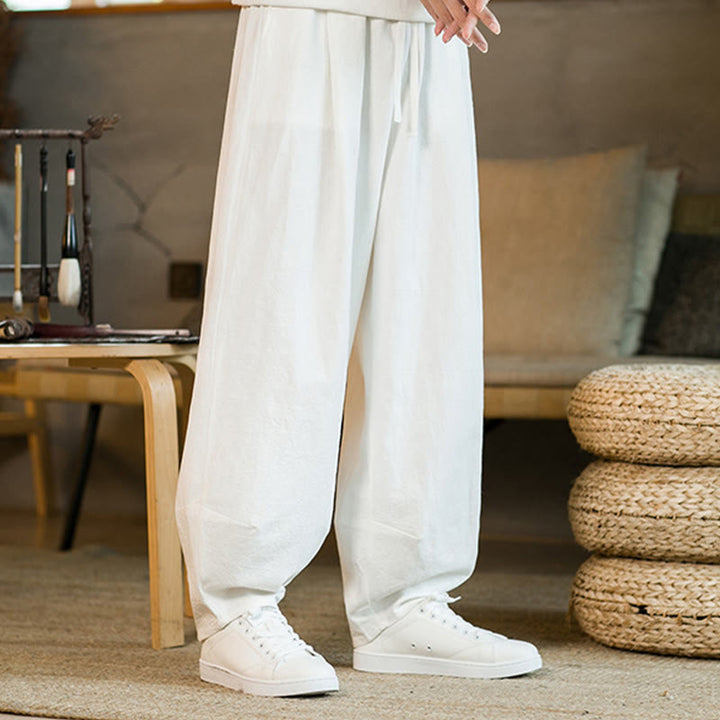 Pantaloni harem da uomo in cotone e lino tinta unita con coulisse e tasche, motivo Buddha Stones