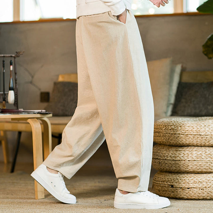 Pantaloni harem da uomo in cotone e lino tinta unita con coulisse e tasche, motivo Buddha Stones