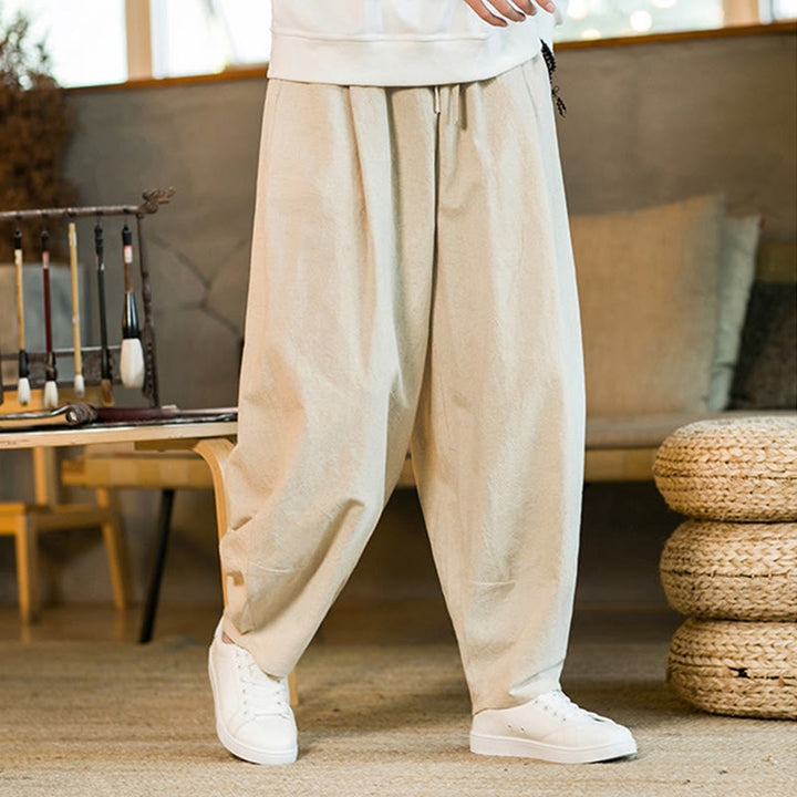 Pantaloni harem da uomo in cotone e lino tinta unita con coulisse e tasche, motivo Buddha Stones
