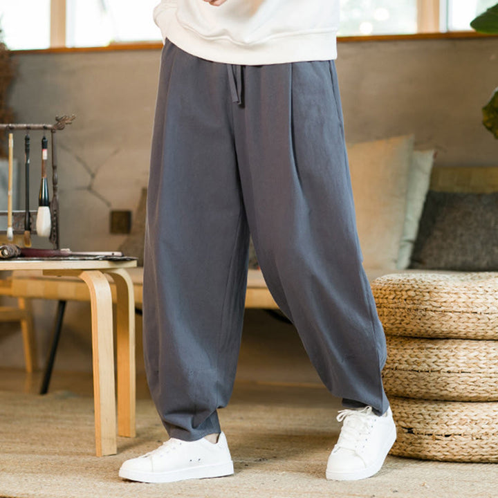 Pantaloni harem da uomo in cotone e lino tinta unita con coulisse e tasche, motivo Buddha Stones