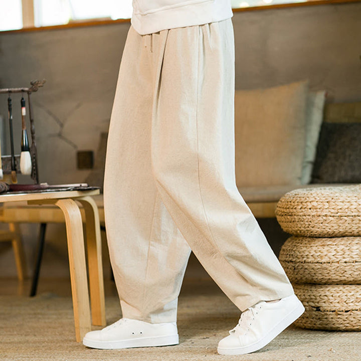 Pantaloni harem da uomo in cotone e lino tinta unita con coulisse e tasche, motivo Buddha Stones
