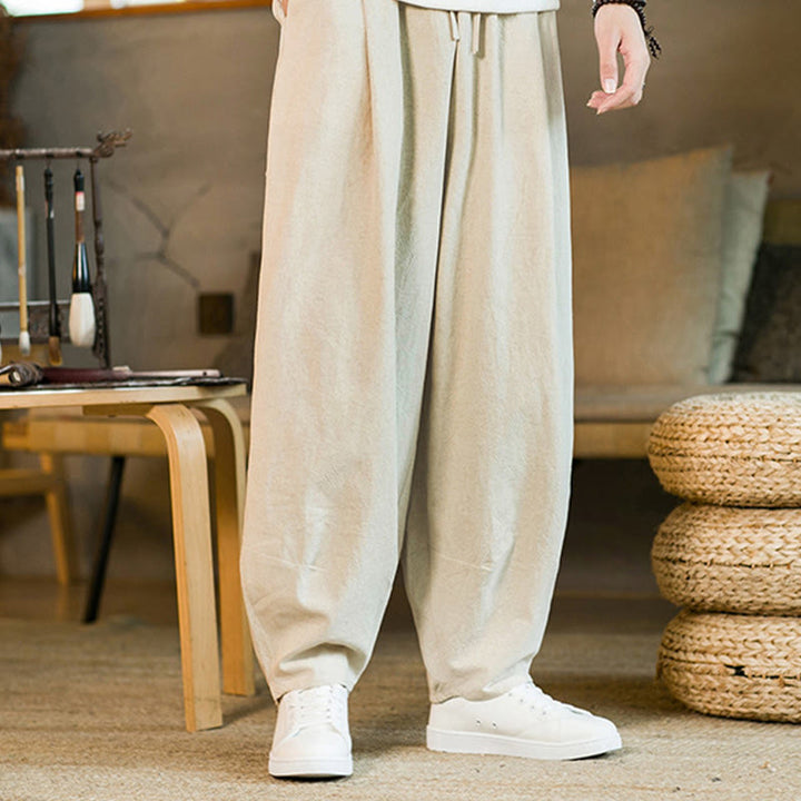 Pantaloni harem da uomo in cotone e lino tinta unita con coulisse e tasche, motivo Buddha Stones