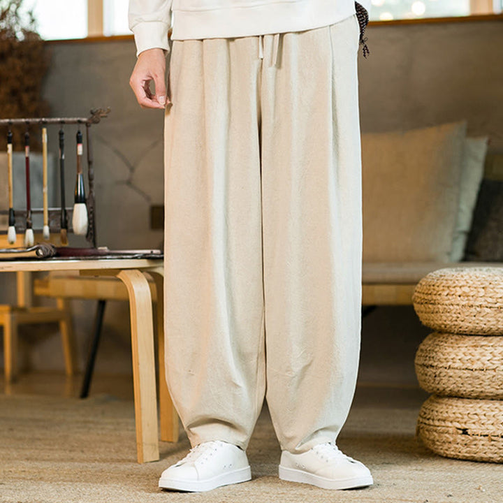 Pantaloni harem da uomo in cotone e lino tinta unita con coulisse e tasche, motivo Buddha Stones