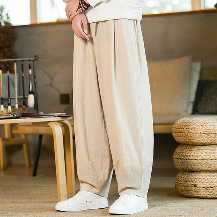 Pantaloni harem da uomo in cotone e lino tinta unita con coulisse e tasche, motivo Buddha Stones