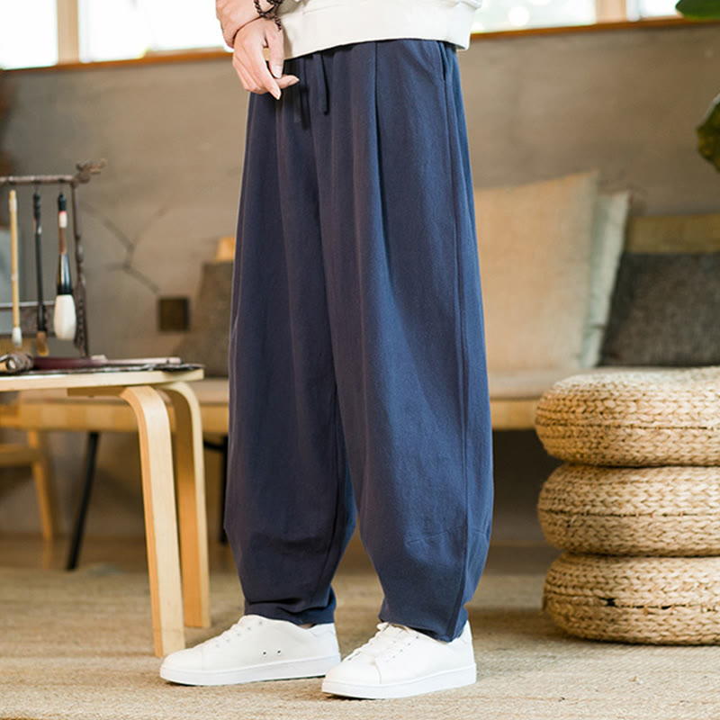 Pantaloni harem da uomo in cotone e lino tinta unita con coulisse e tasche, motivo Buddha Stones