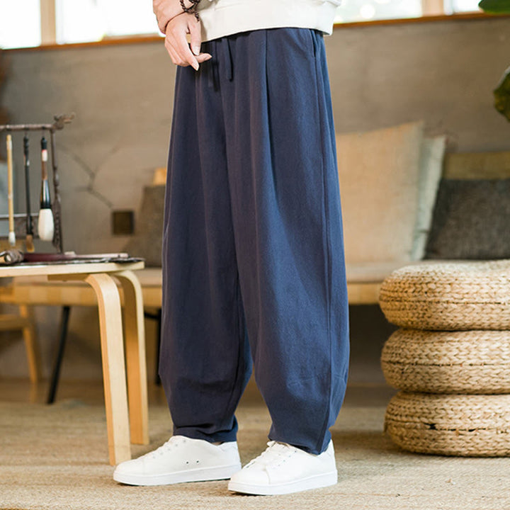 Pantaloni harem da uomo in cotone e lino tinta unita con coulisse e tasche, motivo Buddha Stones