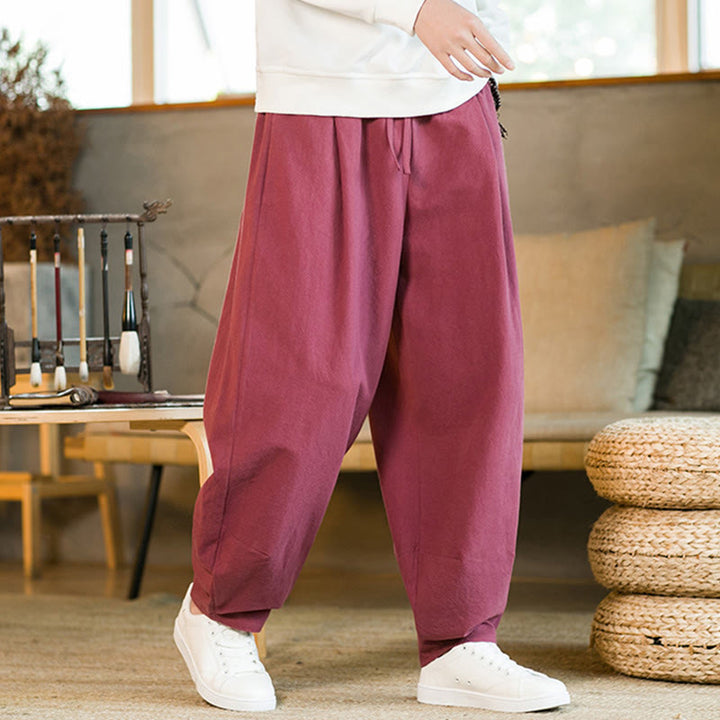 Pantaloni harem da uomo in cotone e lino tinta unita con coulisse e tasche, motivo Buddha Stones