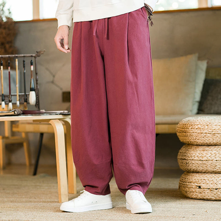 Pantaloni harem da uomo in cotone e lino tinta unita con coulisse e tasche, motivo Buddha Stones