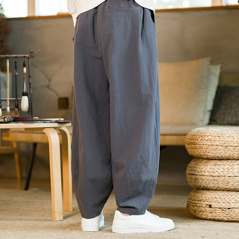 Pantaloni harem da uomo in cotone e lino tinta unita con coulisse e tasche, motivo Buddha Stones
