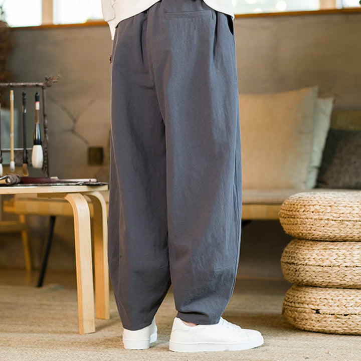 Pantaloni harem da uomo in cotone e lino tinta unita con coulisse e tasche, motivo Buddha Stones