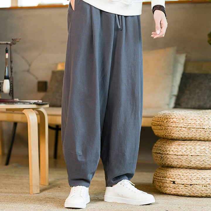 Pantaloni harem da uomo in cotone e lino tinta unita con coulisse e tasche, motivo Buddha Stones
