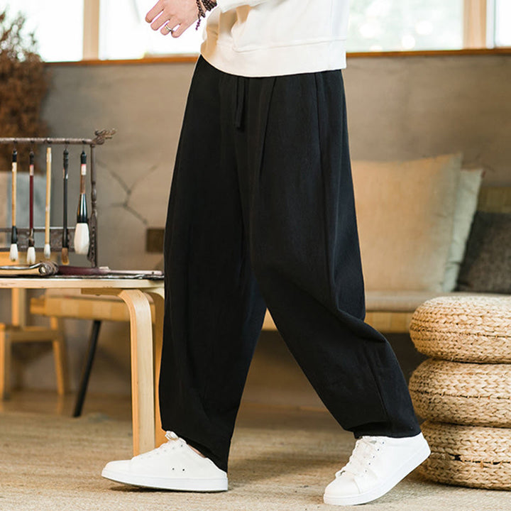 Pantaloni harem da uomo in cotone e lino tinta unita con coulisse e tasche, motivo Buddha Stones