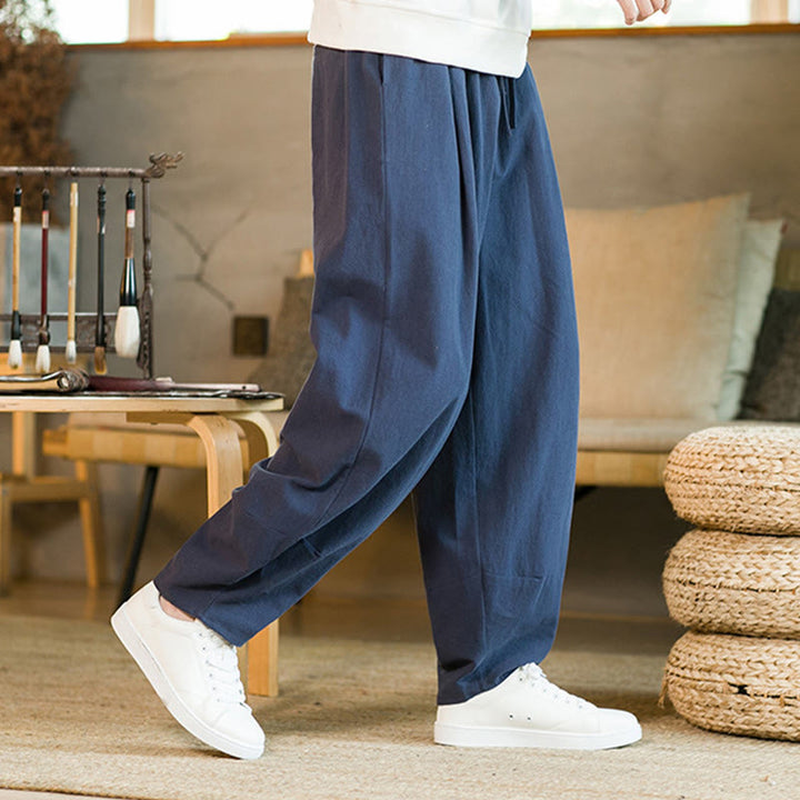 Pantaloni harem da uomo in cotone e lino tinta unita con coulisse e tasche, motivo Buddha Stones