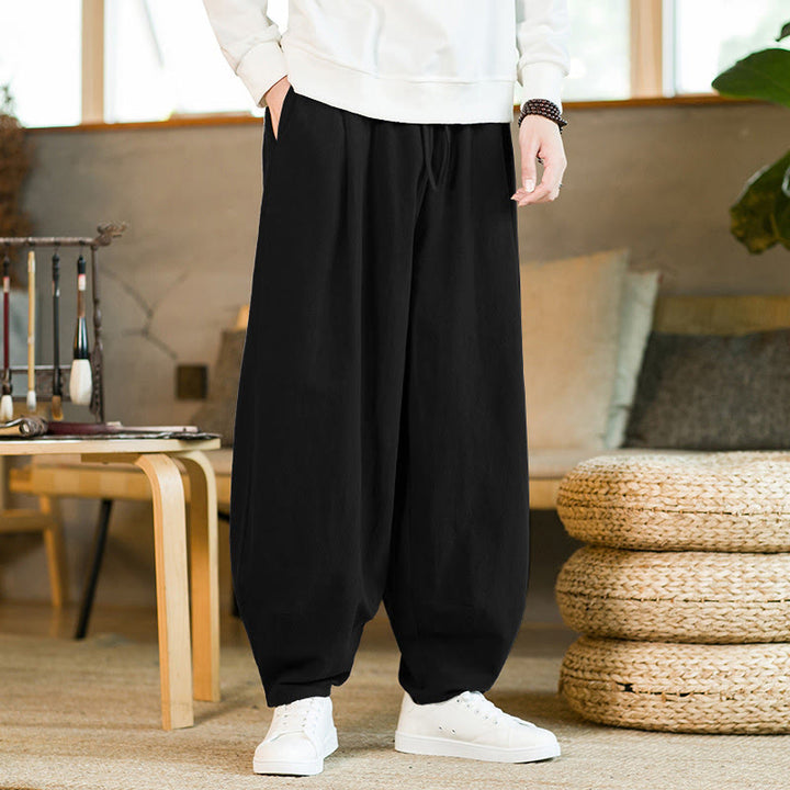 Pantaloni harem da uomo in cotone e lino tinta unita con coulisse e tasche, motivo Buddha Stones