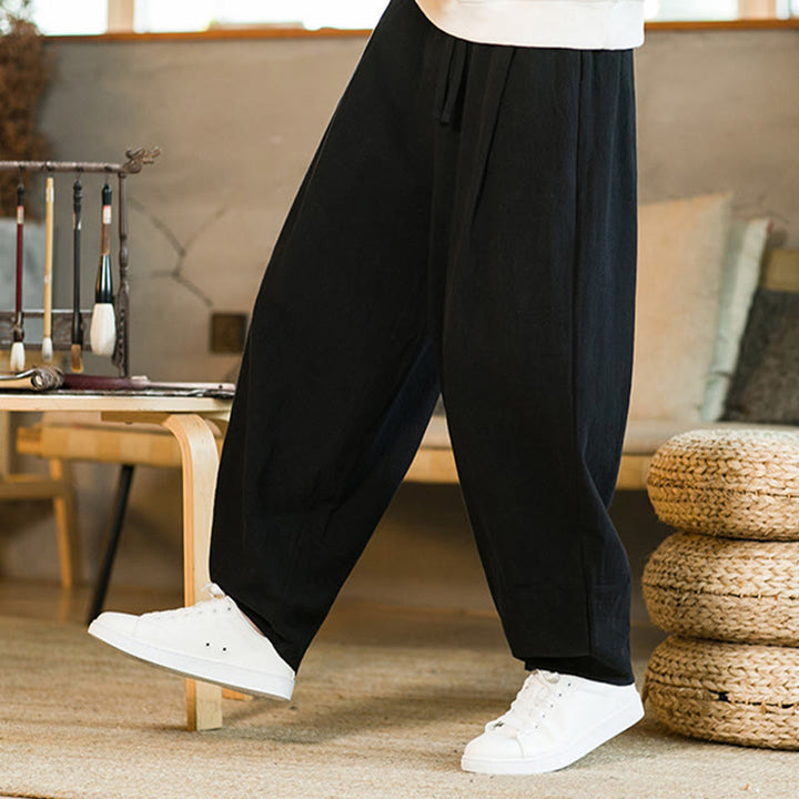 Pantaloni harem da uomo in cotone e lino tinta unita con coulisse e tasche, motivo Buddha Stones