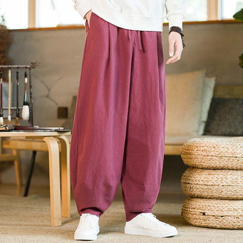 Pantaloni harem da uomo in cotone e lino tinta unita con coulisse e tasche, motivo Buddha Stones