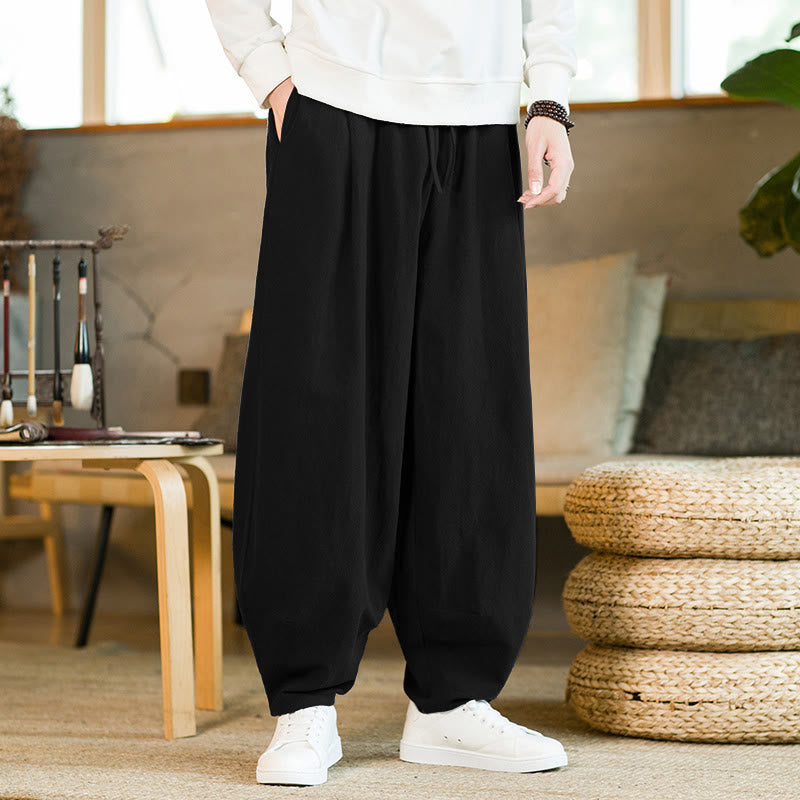Pantaloni harem da uomo in cotone e lino tinta unita con coulisse e tasche, motivo Buddha Stones - Nero - US/UK/AU46, EU56 (5XL) - image 11