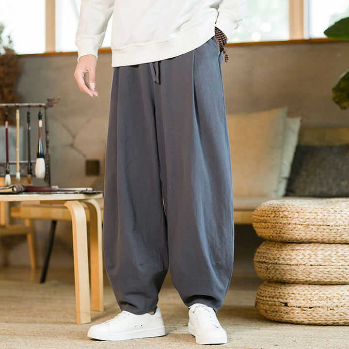 Pantaloni harem da uomo in cotone e lino tinta unita con coulisse e tasche, motivo Buddha Stones