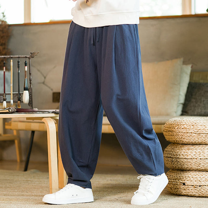 Pantaloni harem da uomo in cotone e lino tinta unita con coulisse e tasche, motivo Buddha Stones