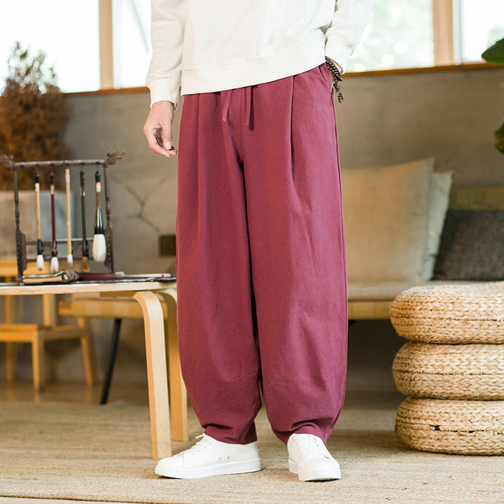 Pantaloni harem da uomo in cotone e lino tinta unita con coulisse e tasche, motivo Buddha Stones