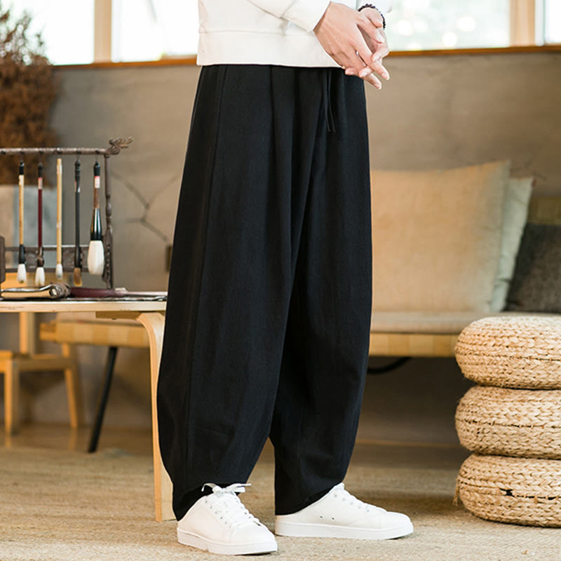 Pantaloni harem da uomo in cotone e lino tinta unita con coulisse e tasche, motivo Buddha Stones