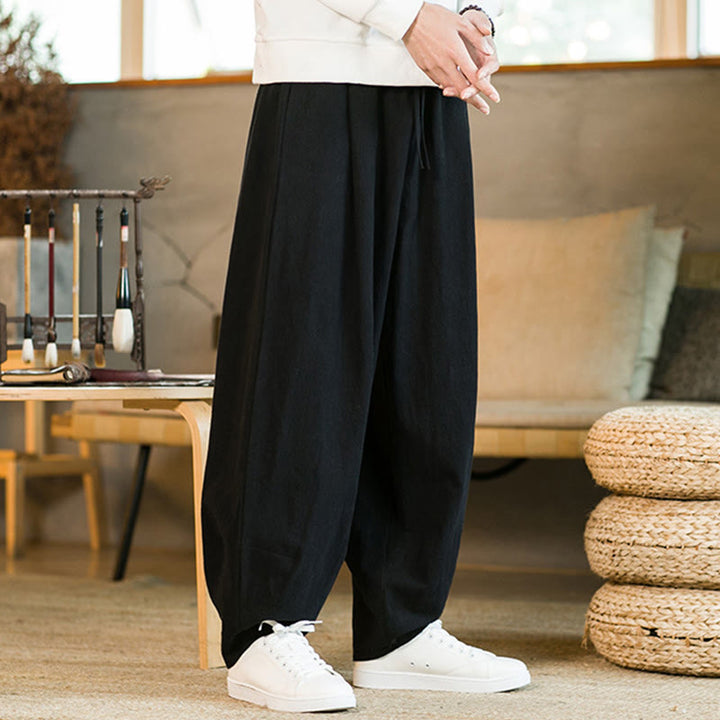 Pantaloni harem da uomo in cotone e lino tinta unita con coulisse e tasche, motivo Buddha Stones