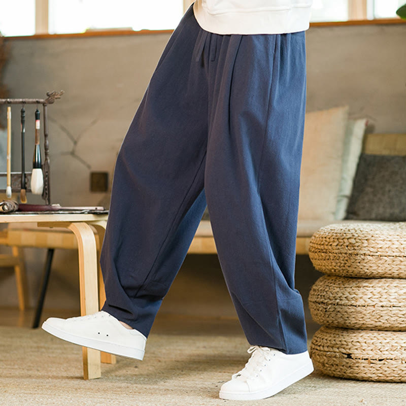 Pantaloni harem da uomo in cotone e lino tinta unita con coulisse e tasche, motivo Buddha Stones