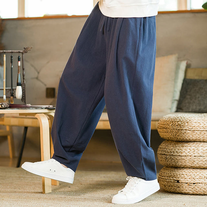 Pantaloni harem da uomo in cotone e lino tinta unita con coulisse e tasche, motivo Buddha Stones
