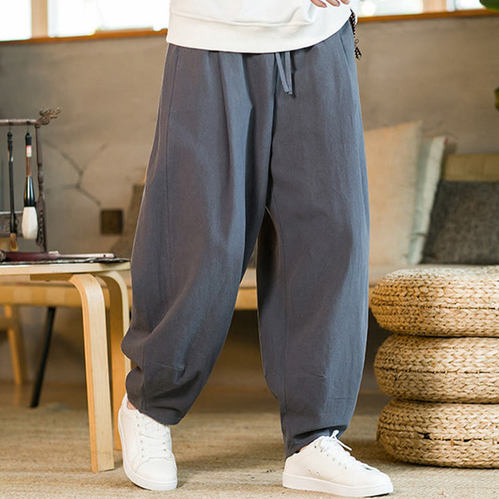 Pantaloni harem da uomo in cotone e lino tinta unita con coulisse e tasche, motivo Buddha Stones