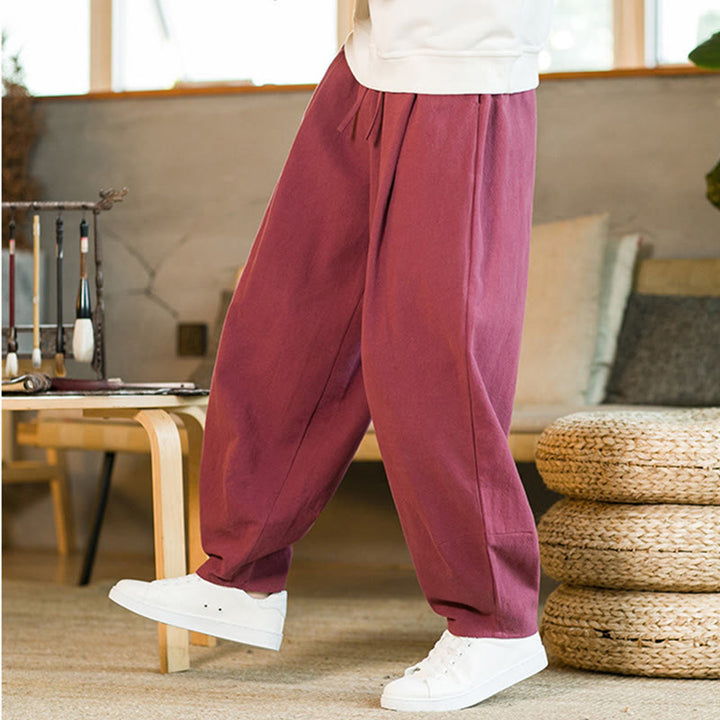 Pantaloni harem da uomo in cotone e lino tinta unita con coulisse e tasche, motivo Buddha Stones