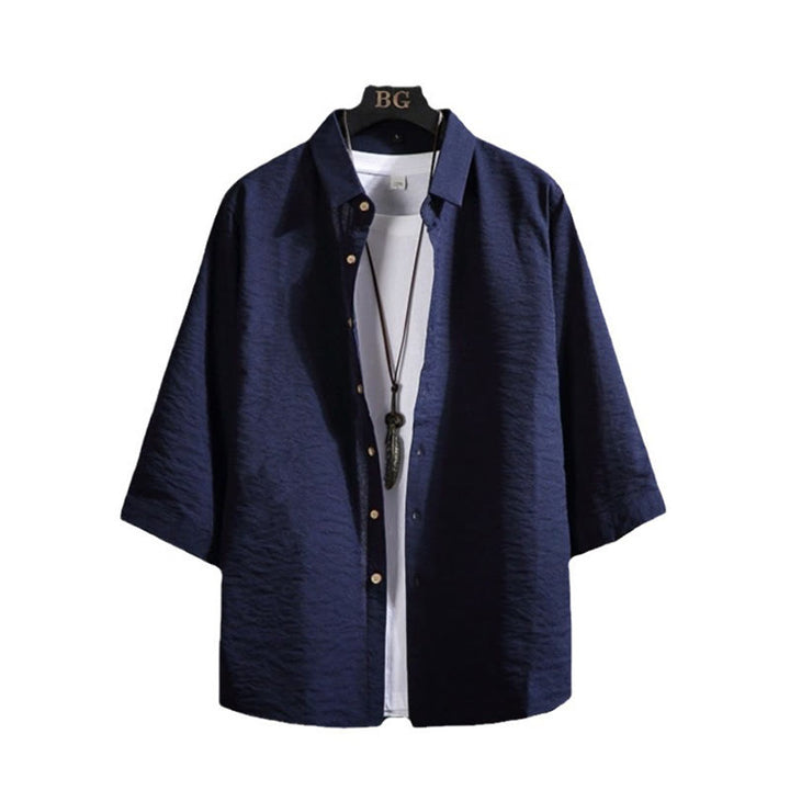 Camicia da uomo con maniche a tre quarti e bottoni frontali casual in tinta unita Buddha Stones - image 17