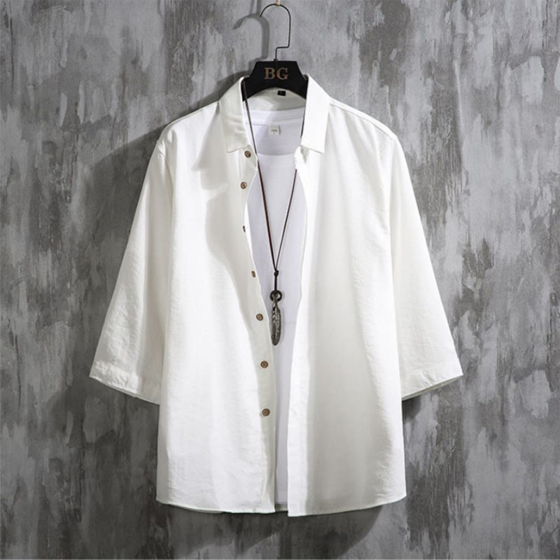 Camicia da uomo con maniche a tre quarti e bottoni frontali casual in tinta unita Buddha Stones - Bianco - US/UK/AU50, EU60 (7XL) - image 0