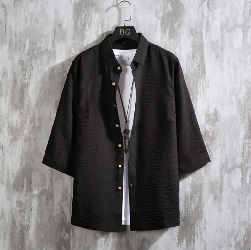 Camicia da uomo con maniche a tre quarti e bottoni frontali casual in tinta unita Buddha Stones - Nero - US/UK/AU50, EU60 (7XL) - image 11