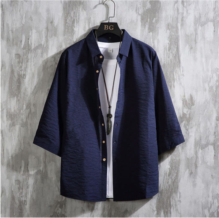 Camicia da uomo con maniche a tre quarti e bottoni frontali casual in tinta unita Buddha Stones - Blu notte - US/UK/AU50, EU60 (7XL) - image 15