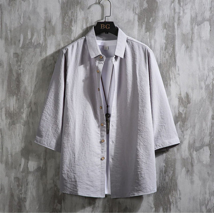 Camicia da uomo con maniche a tre quarti e bottoni frontali casual in tinta unita Buddha Stones - Grigio - US/UK/AU50, EU60 (7XL) - image 13
