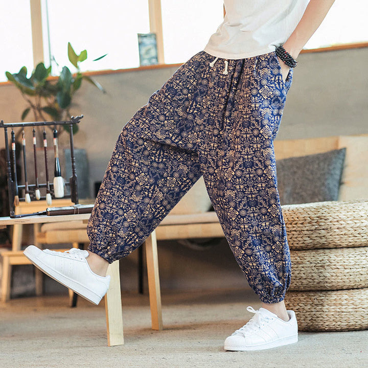 Pantaloni harem da uomo in cotone e lino con coulisse e tasche, motivo mandala dorato con Buddha Stones