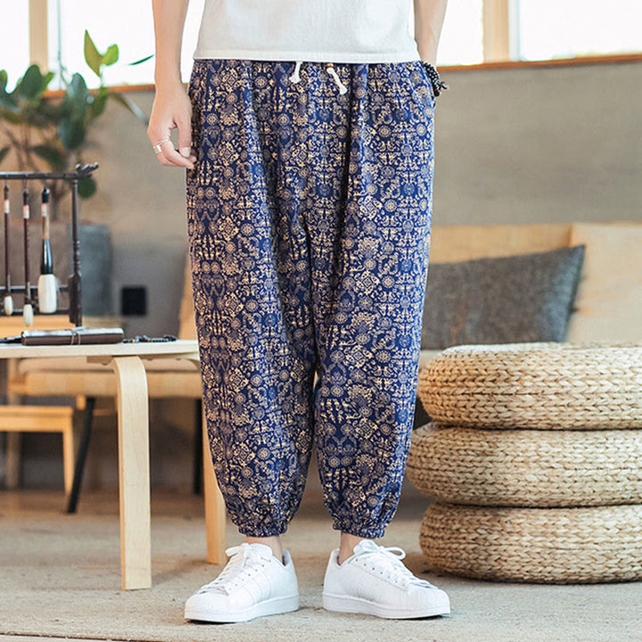 Pantaloni harem da uomo in cotone e lino con coulisse e tasche, motivo mandala dorato con Buddha Stones
