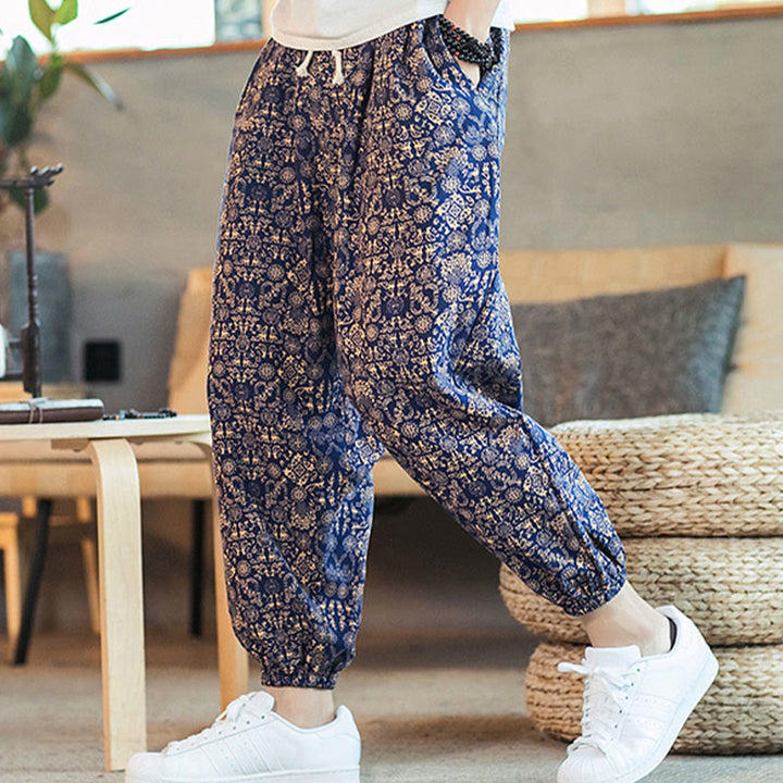 Pantaloni harem da uomo in cotone e lino con coulisse e tasche, motivo mandala dorato con Buddha Stones