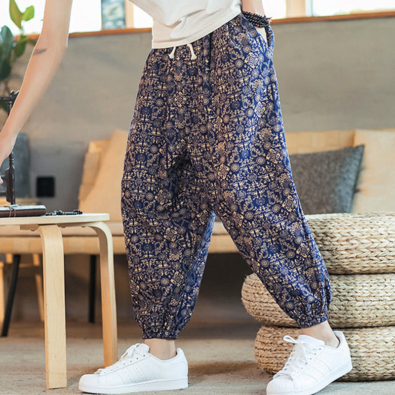 Pantaloni harem da uomo in cotone e lino con coulisse e tasche, motivo mandala dorato con Buddha Stones