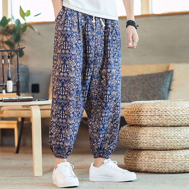 Pantaloni harem da uomo in cotone e lino con coulisse e tasche, motivo mandala dorato con Buddha Stones