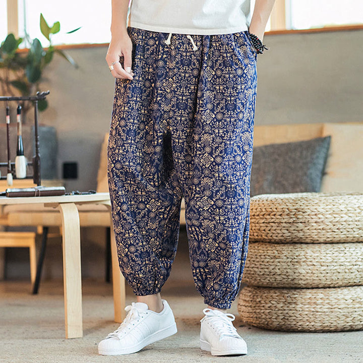 Pantaloni harem da uomo in cotone e lino con coulisse e tasche, motivo mandala dorato con Buddha Stones