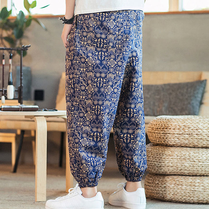 Pantaloni harem da uomo in cotone e lino con coulisse e tasche, motivo mandala dorato con Buddha Stones