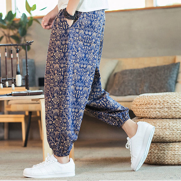 Pantaloni harem da uomo in cotone e lino con coulisse e tasche, motivo mandala dorato con Buddha Stones