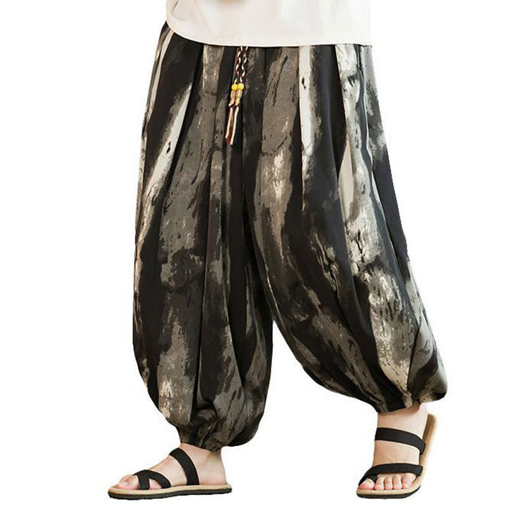 Pantaloni harem da uomo in lino e cotone intrecciato con coulisse, con tasche, motivo Buddha Stones, inchiostro bianco e nero sfumato